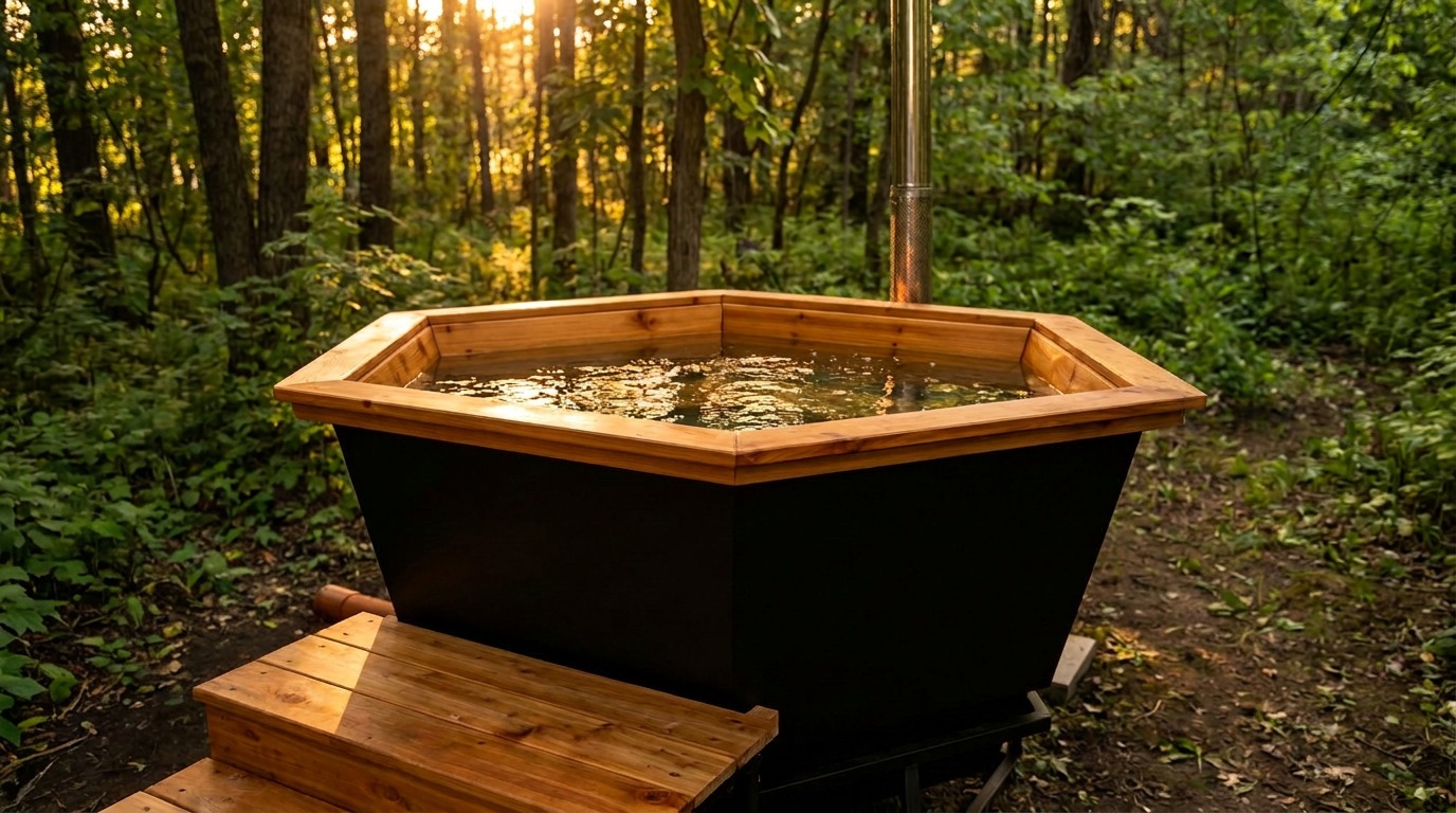 Деревянная купель на лесной террасе